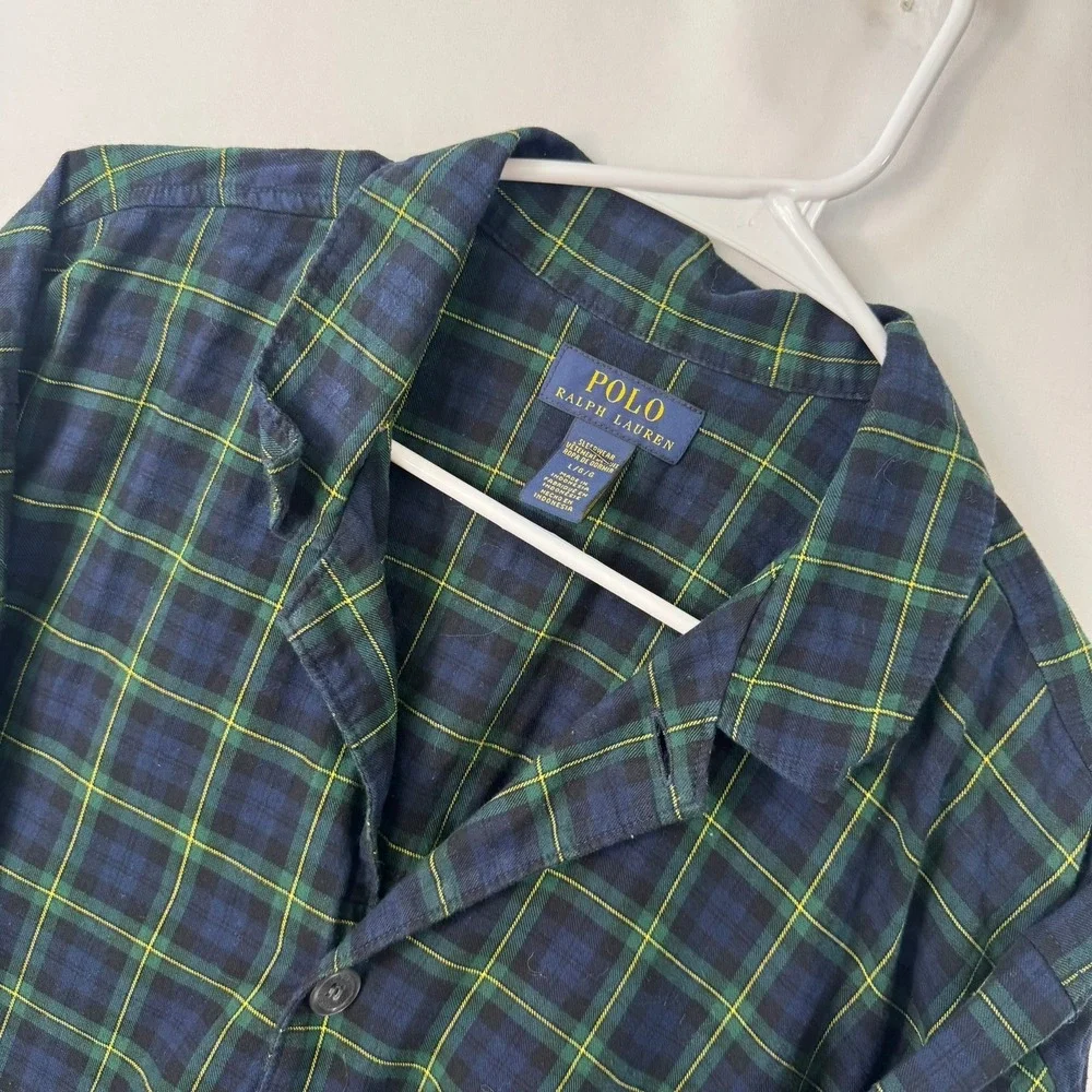 Polo Ralph Lauren Mens Large Plaid Sleepwear Pajama Shirt Navy Green Cotton L